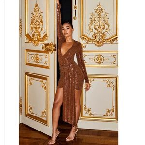 Bronze sequin plunge, bodycon dress (PLT)